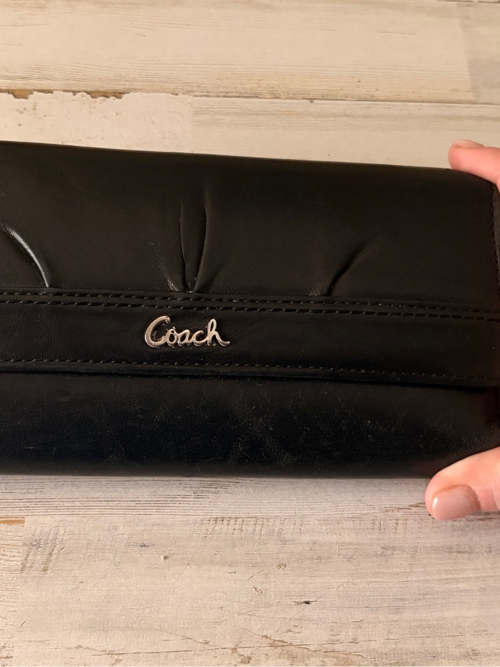 Coach Black Leather Continental Wallet with Silver Logo